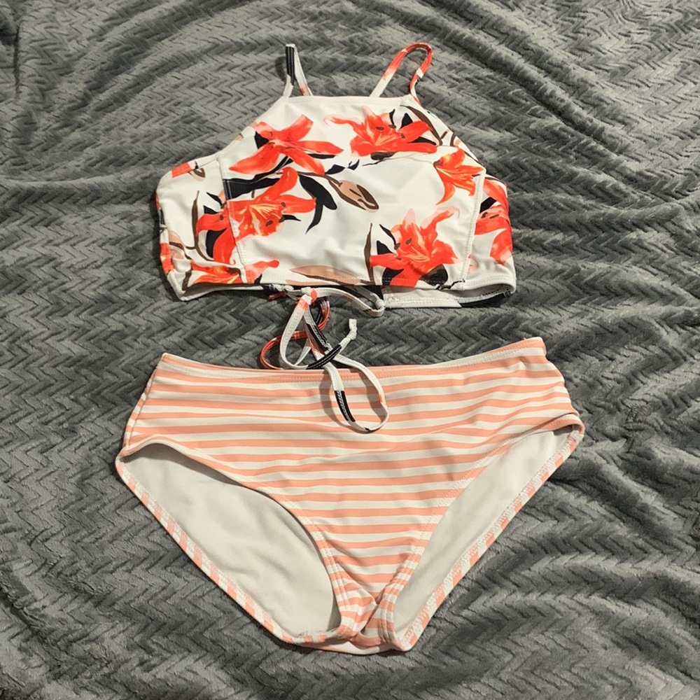 Floral striped swim set tie back high neck strapy